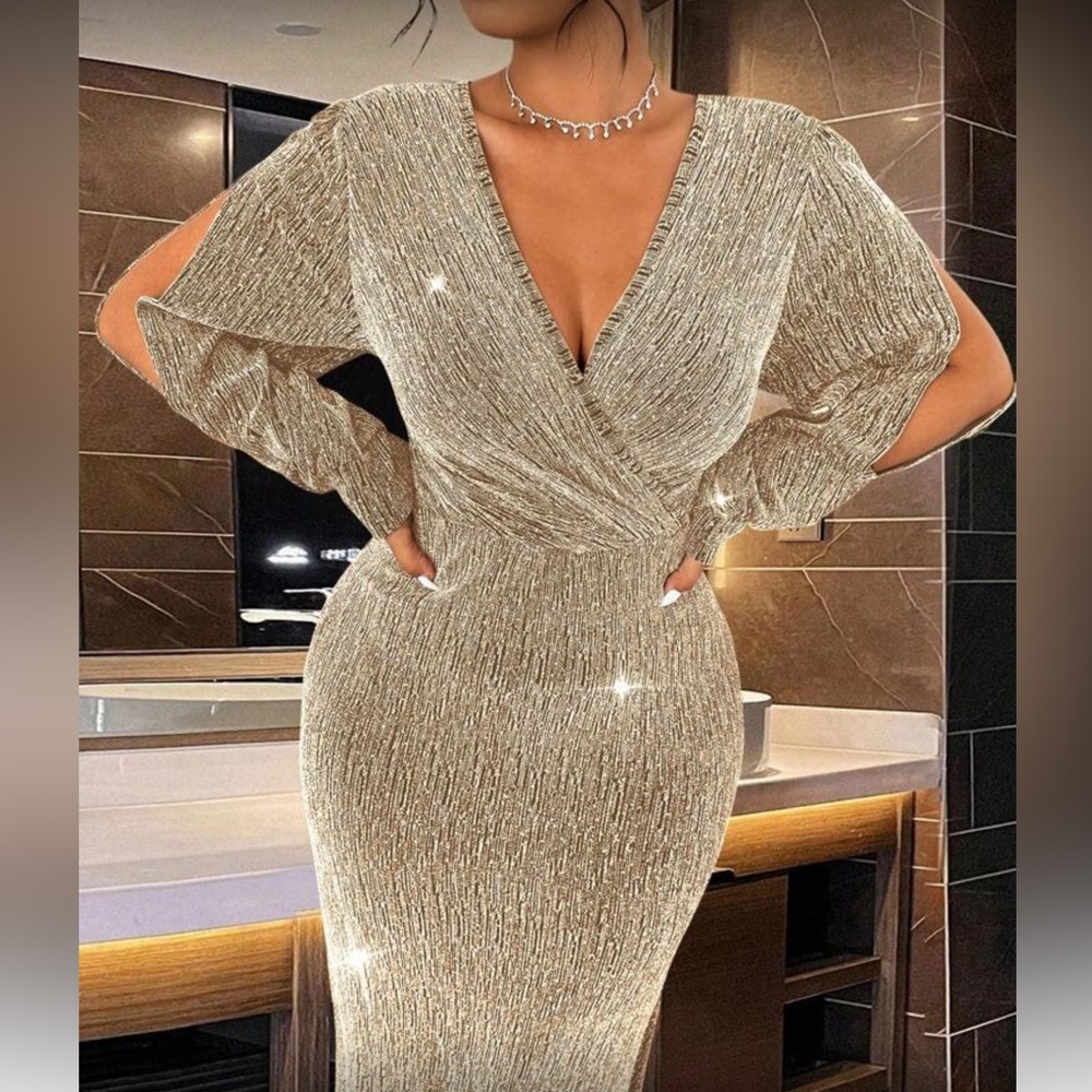 Luxe plus lantern sleeve shimmering  sequins party formal evening prom dress - Picture 6 of 8